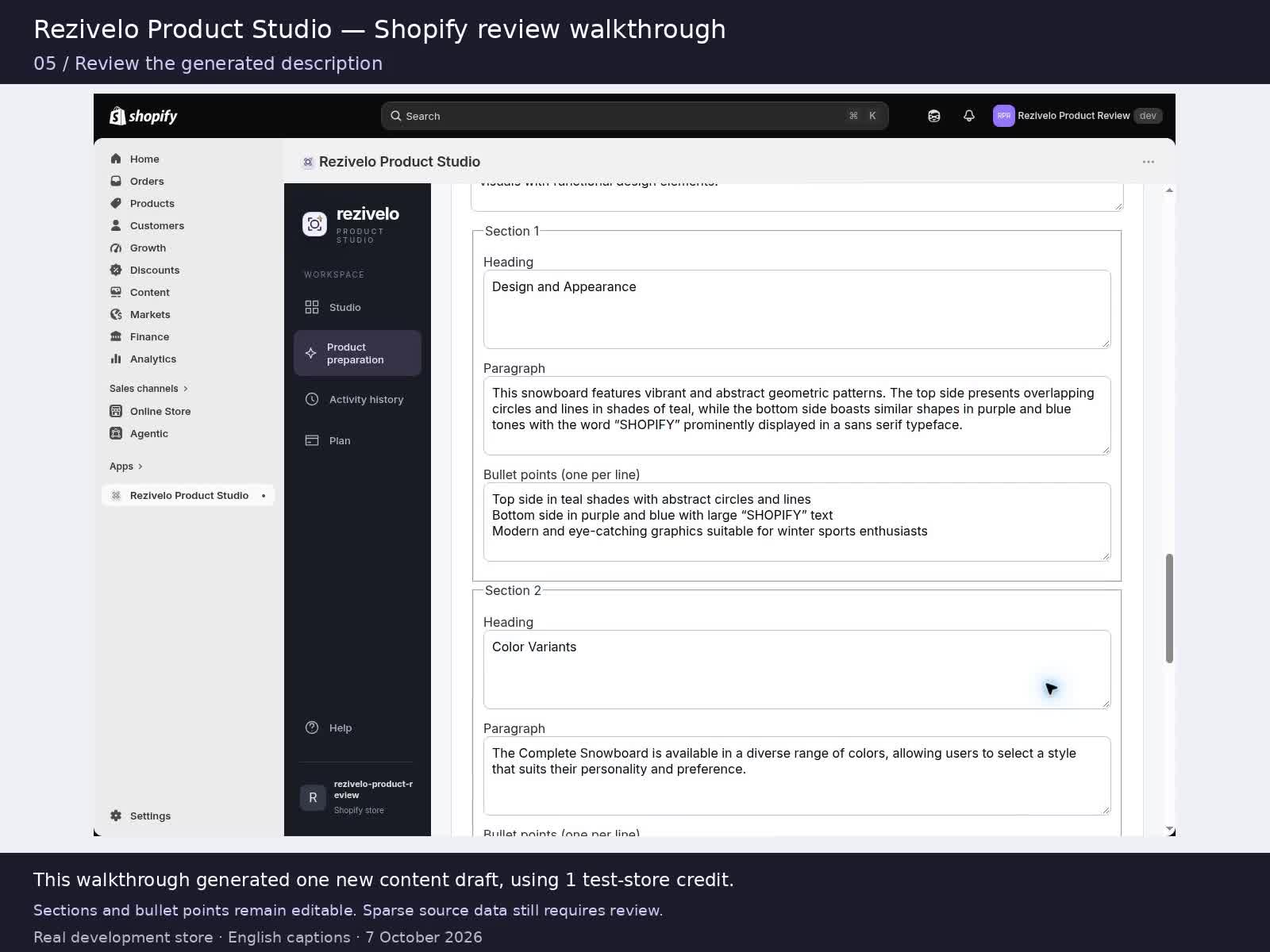 Actual Rezivelo development-store screen showing editable product description sections and bullet points