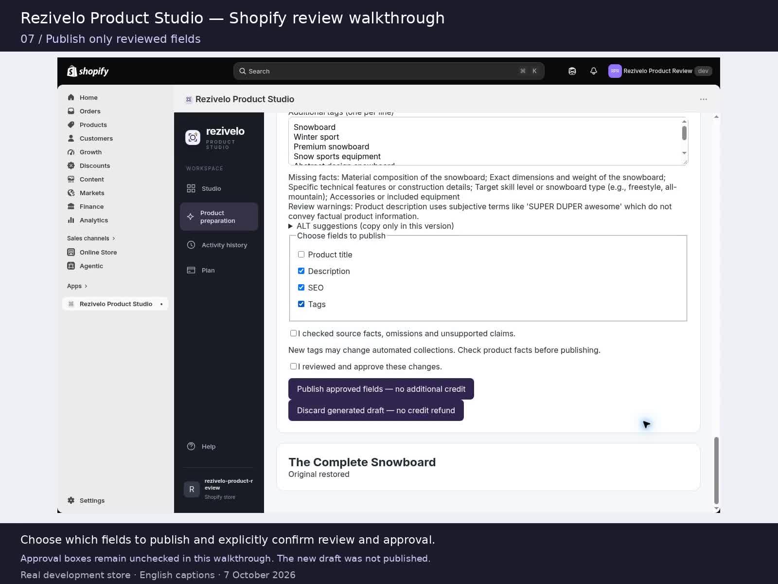 Actual Rezivelo screen with description, SEO and tags selected and publishing approval boxes still unchecked